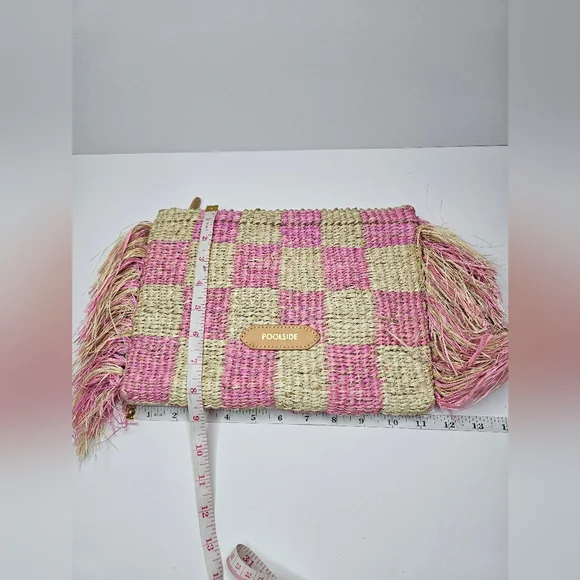 Poolside Clutch Natural/Pink Checkered Fringe Clutch Straw NWT Upcycled Organic - Picture 10 of 13